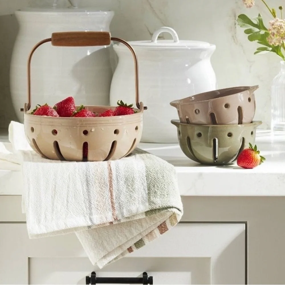 Hearth & Hand Tan Ceramic Ventilated Fruit Bowl with Wood-Topped Handle